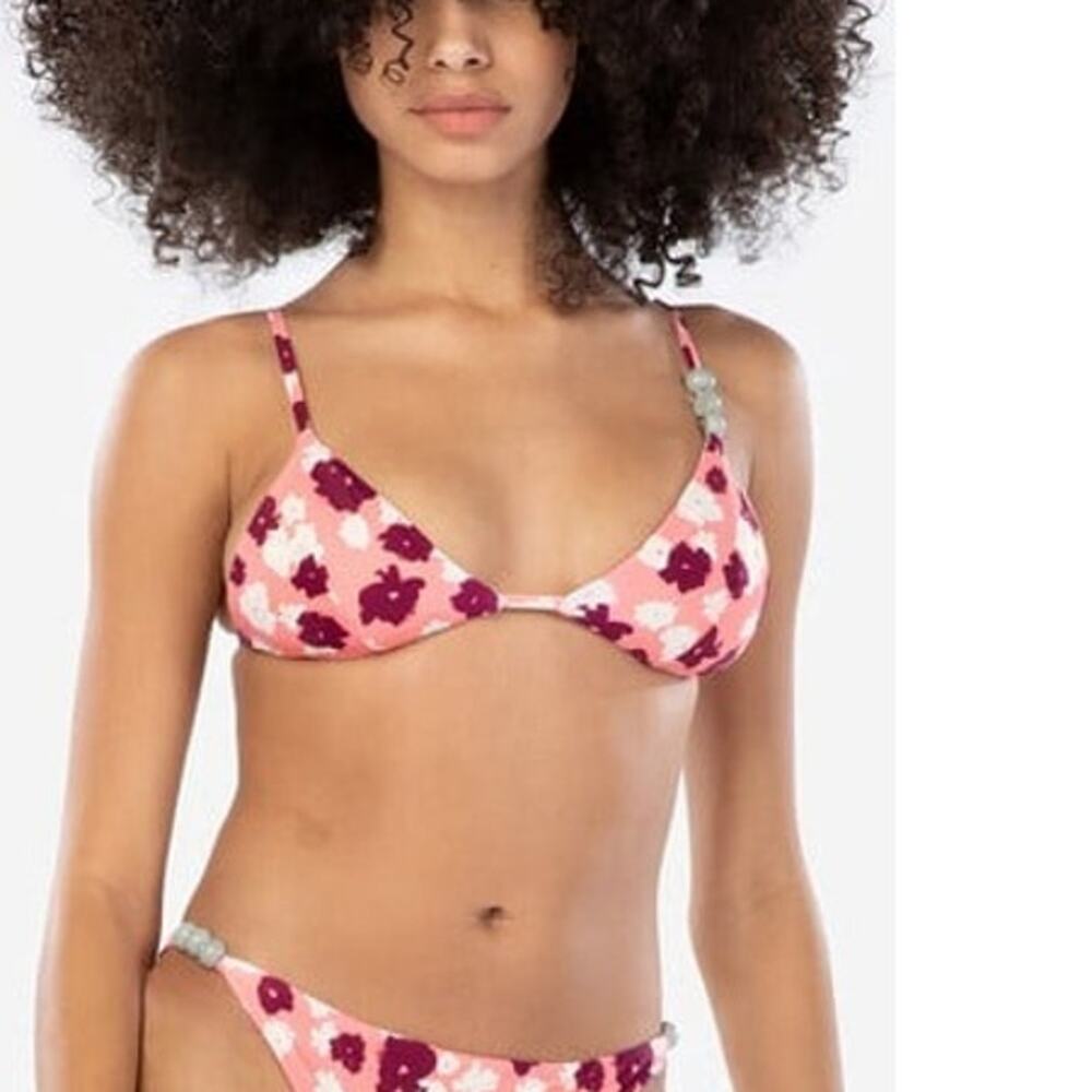 NWT Tanya Taylor Tia Bikini Floral Bead Triangle Top Adjustable Straps XL Pink